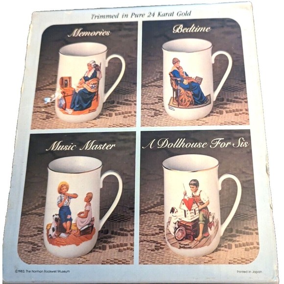 Vintage Norman Rockwell 4 mugs trimmed in 24k gold preowned - Picture 3 of 4